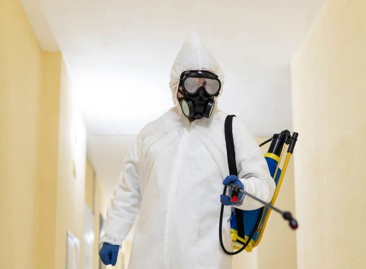 Professional wearing a hazmat suit for pest control.