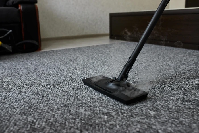 Steam cleaning wand extracting dirt from grey carpet.